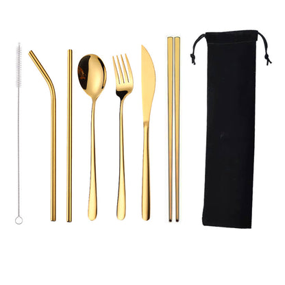 7-Piece 304 Stainless Steel Flatware Chopstick Spoon Straw Fork Knife Tableware Set W/Bag(Gold)