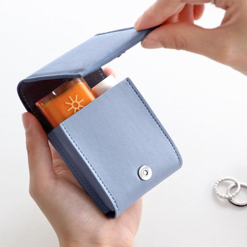 PU Leather Magnetic Buckle Makeup Bag Handle Bag Lipstick Storage Pouch W/Compact Mirror