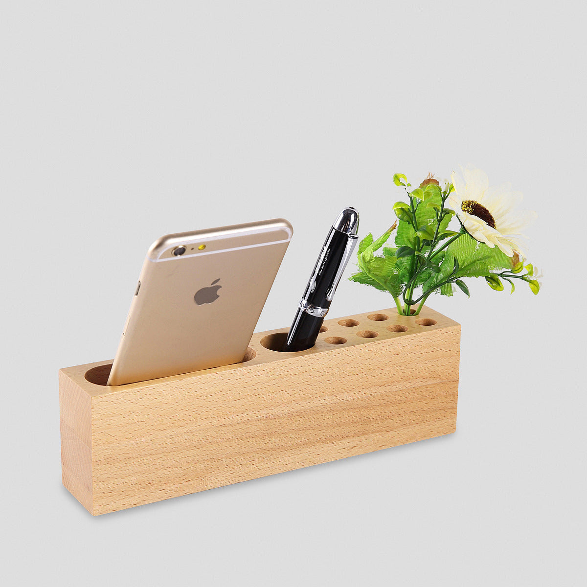 Cell Phone Stand W/Pen Storage Hole Natural Beech Wood Desktop Multi-functional Desk Organizer