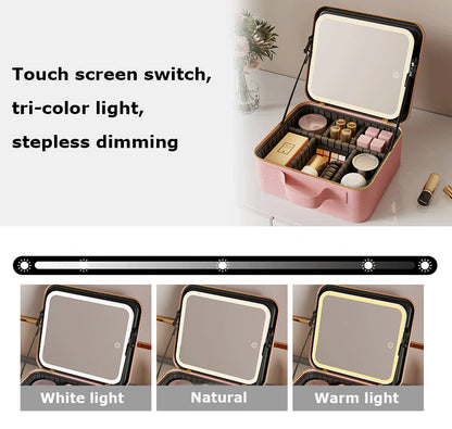 Multifunctional PU Leather Cosmetic Bag with Removable LED Mirror - Travel Makeup Bag Handle Case