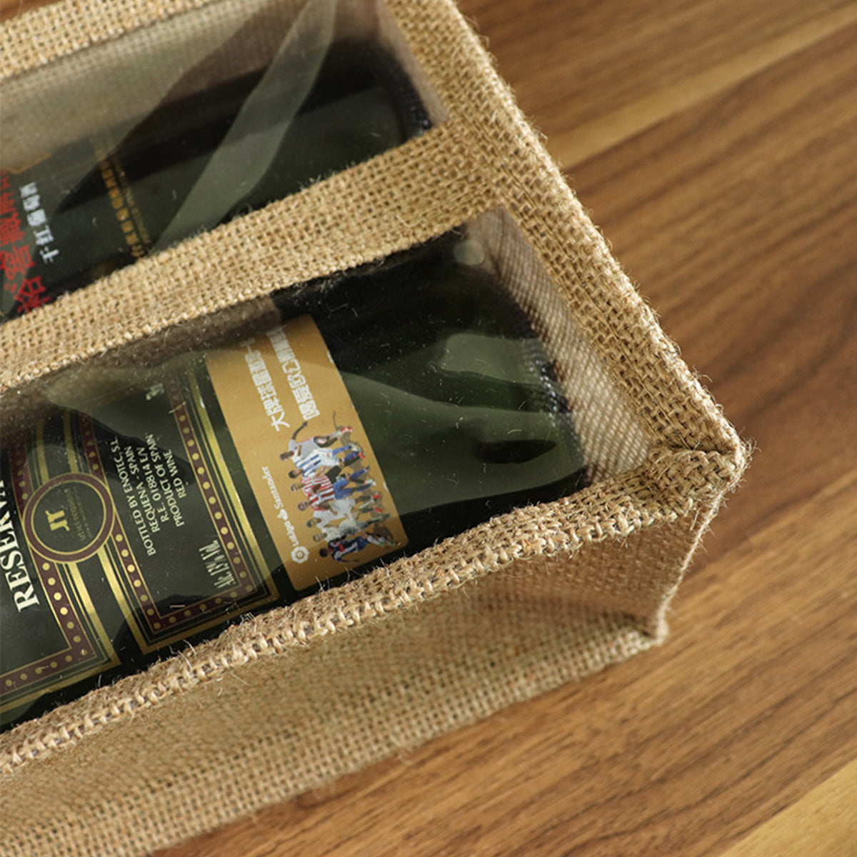 Eco-Friendly Burlap 2 Wine Bottle Bag w/ Window & Cane Handle