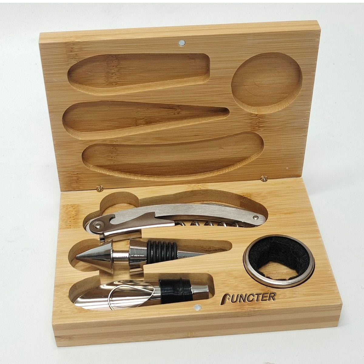 4 Piece Stainless Steel Wine Opener Accessory Set w/ Bamboo Box