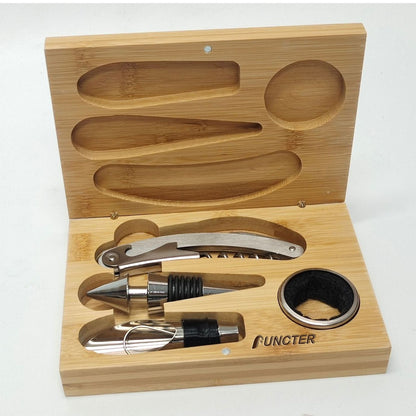 4 Piece Stainless Steel Wine Opener Accessory Set w/ Bamboo Box