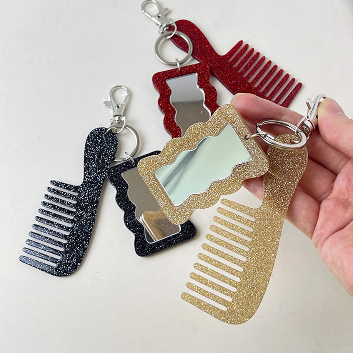 Glitter Small Mirror Comb Keychain Hair Comb Bag Charm