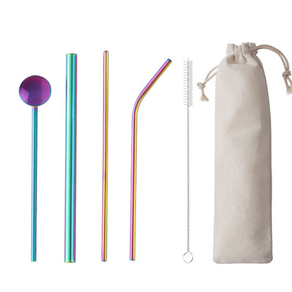 4-Piece 304 Stainless Steel Drinking Spoon Straw Set W/Drawstring Bag(Gold & Rose Gold & Rainbow)