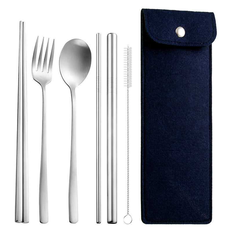 6-Piece 304 Stainless Steel Flatware Spoon Chopsticks Fork Straw Tableware Set W/Felt Bag