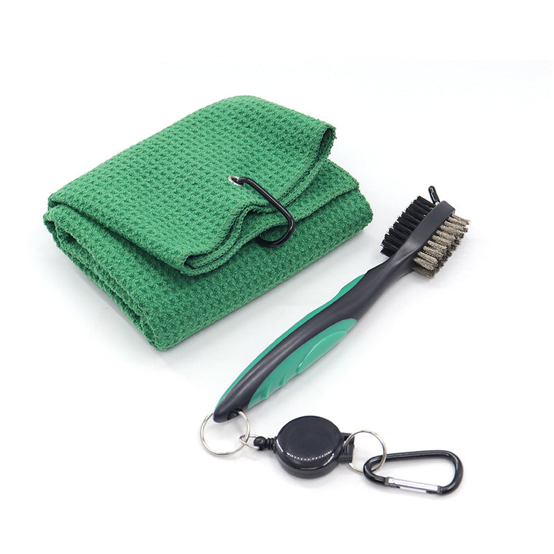 Microfiber Waffle Pattern Tri-fold Golf Towel Set Golf Club Cleaning Brush Kit