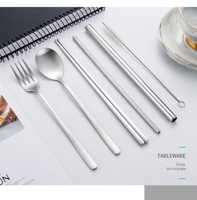 6-Piece 304 Stainless Steel Flatware Spoon Chopsticks Fork Straw Tableware Set W/Felt Bag