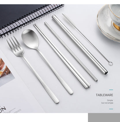 6-Piece 304 Stainless Steel Flatware Spoon Chopsticks Fork Straw Tableware Set W/Felt Bag