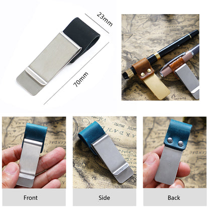 Retro Style Leather Pen Holder Traveler Notebook Pen Loop Stainless Steel Clip Money Clip