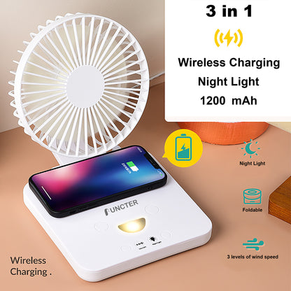 3" 1 Design Foldable Desk Fan With Wireless Charging For Phone Night Light