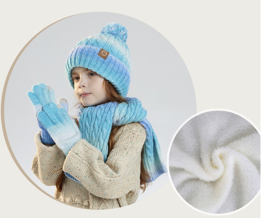 Children Cable Knit Beanie W/ Pom-pom Hat Scarf Gloves Set