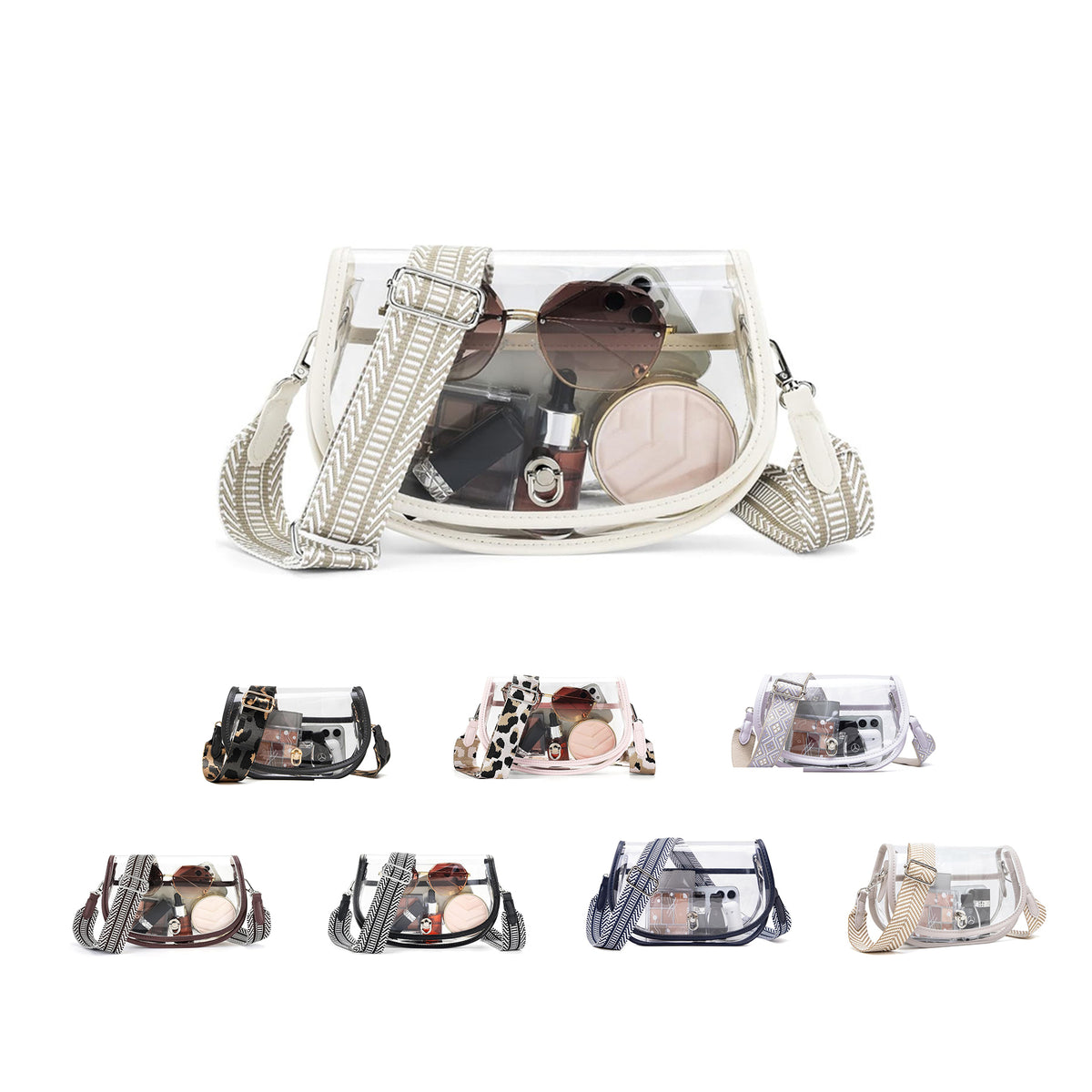 Clear PVC Crossbody Bag - Stylish Transparent Shoulder Purse With Patterned Adjustable Strap