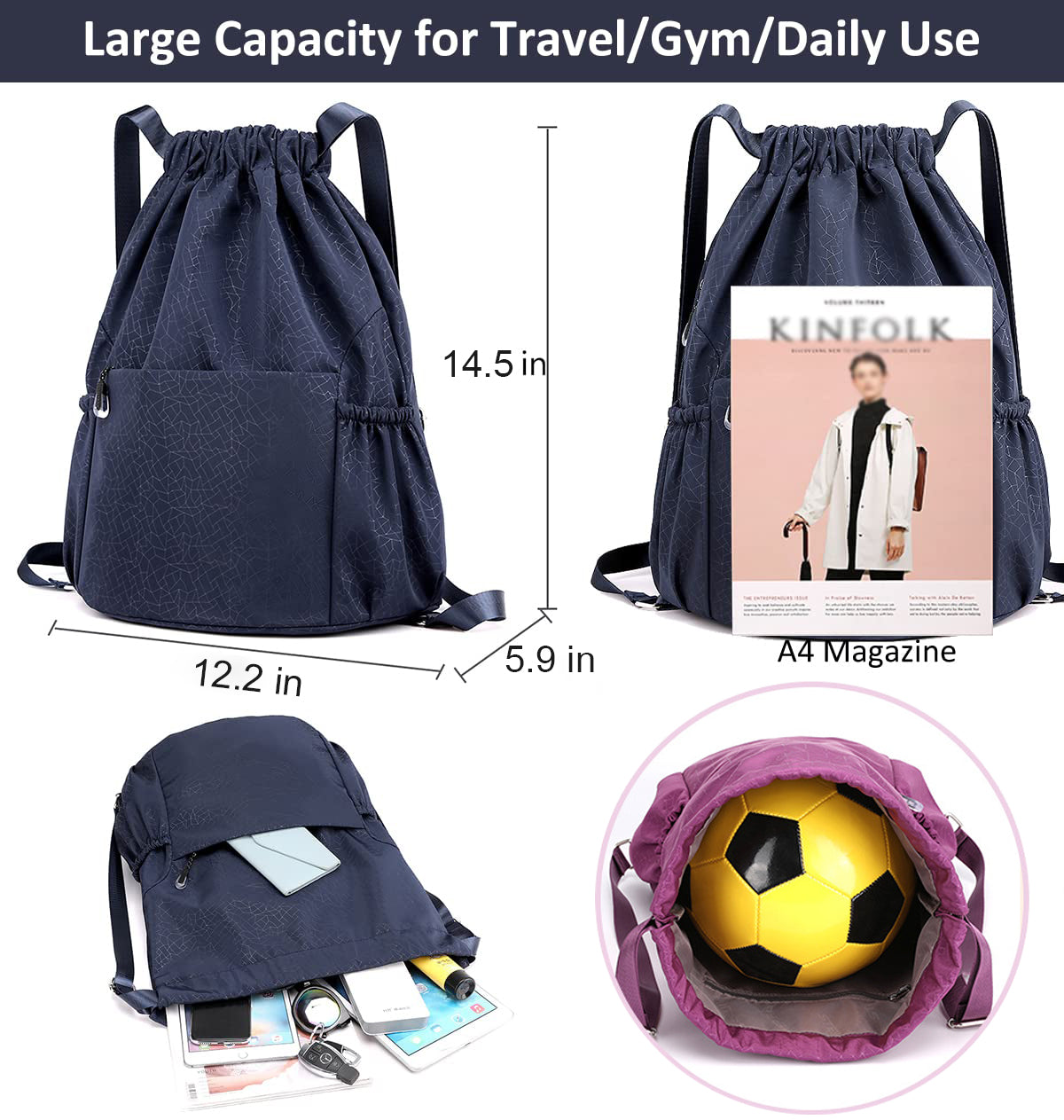Waterproof Oxford Drawstring Backpack Sports Yoga Sackpack-Size S