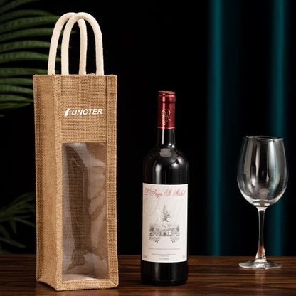 Reusable Jute Burlap Single Bottle Wine Gift Tote Bags w/ Window