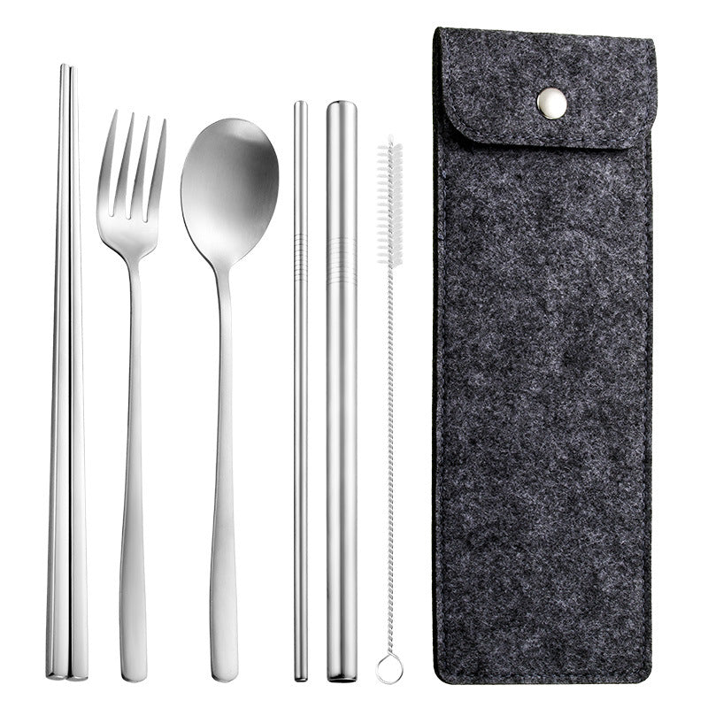 6-Piece 304 Stainless Steel Flatware Spoon Chopsticks Fork Straw Tableware Set W/Felt Bag