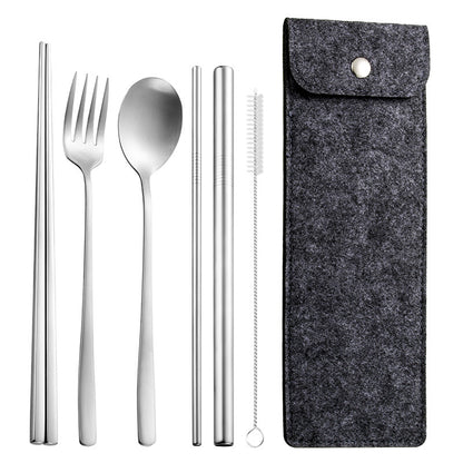 6-Piece 304 Stainless Steel Flatware Spoon Chopsticks Fork Straw Tableware Set W/Felt Bag
