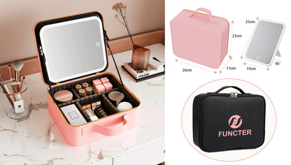 Multifunctional PU Leather Cosmetic Bag with Removable LED Mirror - Travel Makeup Bag Handle Case