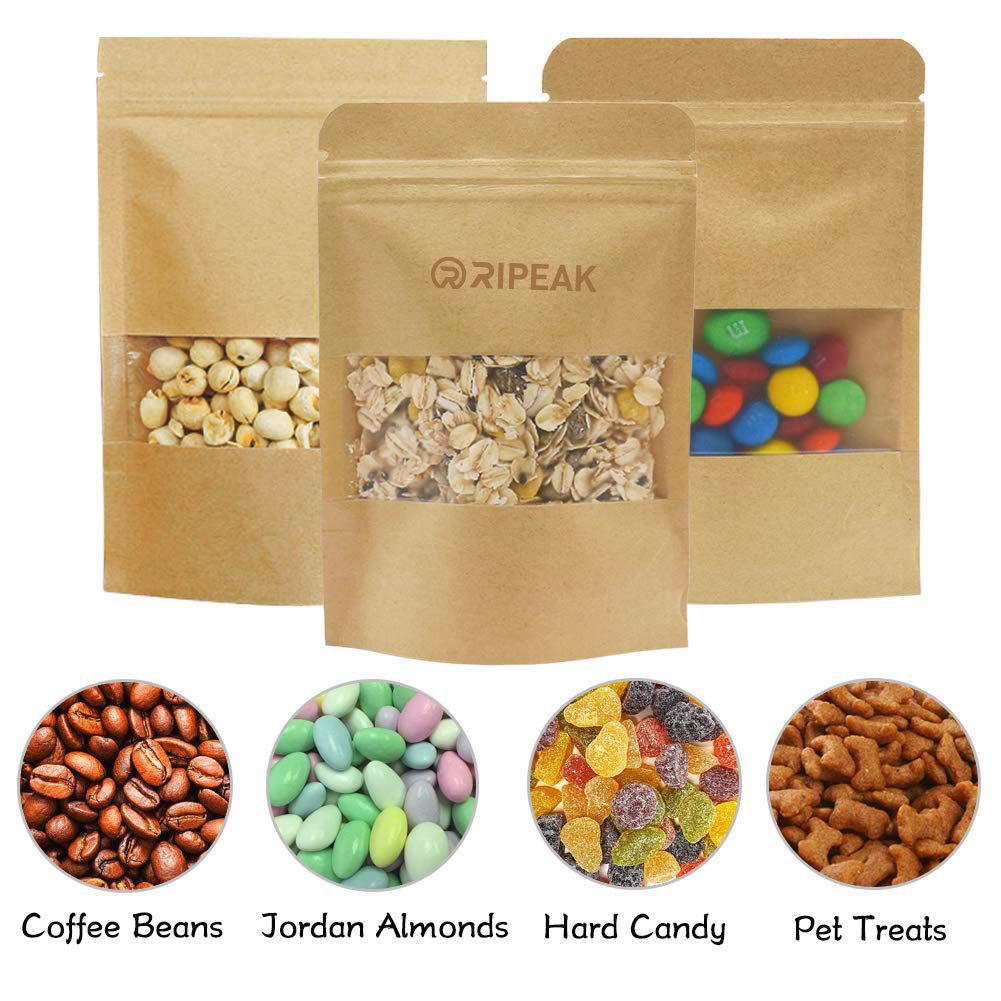 4 x 5.9" Kraft Bags with Window Stand Up Ziplock Seal Paper Bag Resealable Food Storage Pouch