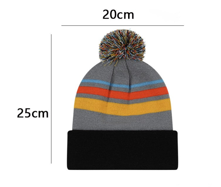 Colorful Striped Knit Hat W/ Pom-pom