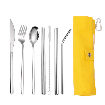 7-Piece 304 Stainless Steel Flatware Chopstick Spoon Straw Fork Knife Tableware Set W/Bag(Model B)