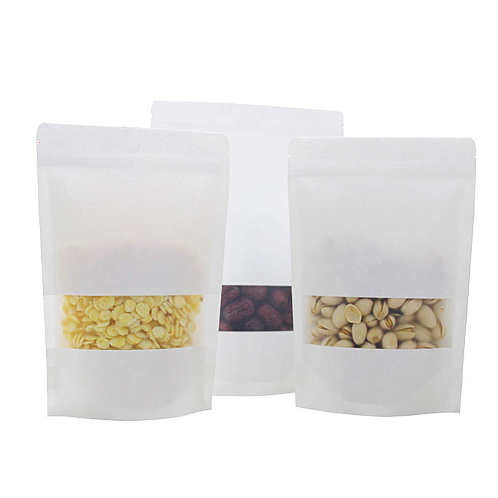 6.7 x 9.5" White Kraft Paper Bags W/Window Stand Up Ziplock Resealable Pouch Coffee Bag
