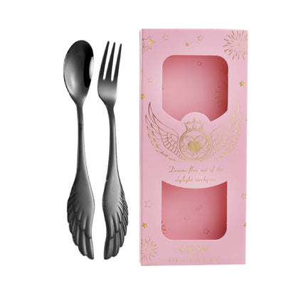 2 PCS Charcoal Black Angel Wings Spoon Fork Flatware Set Tableware Pink Gift Box