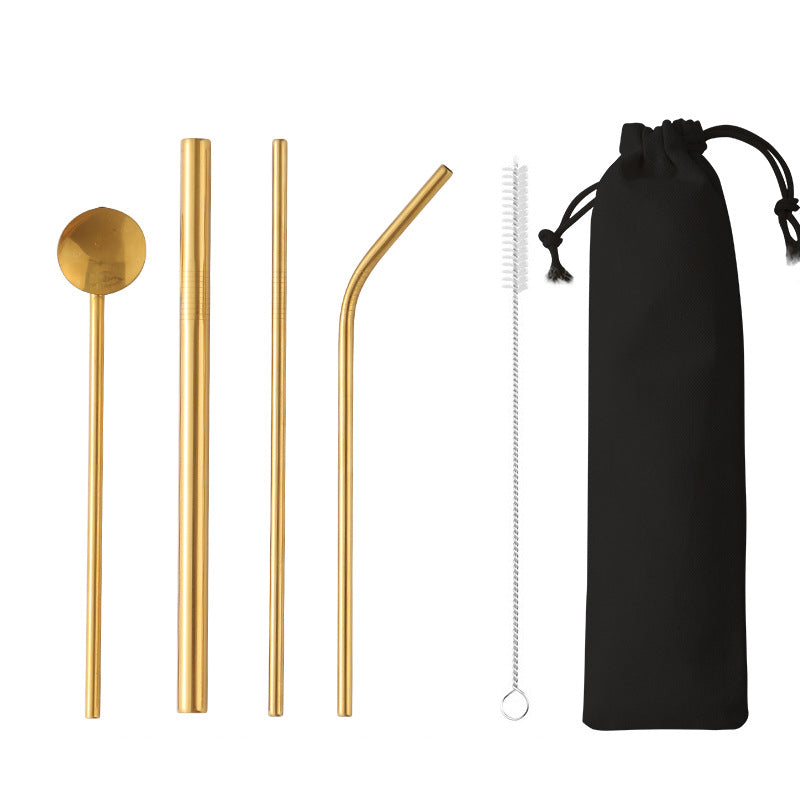 4-Piece 304 Stainless Steel Drinking Spoon Straw Set W/Drawstring Bag(Gold & Rose Gold & Rainbow)