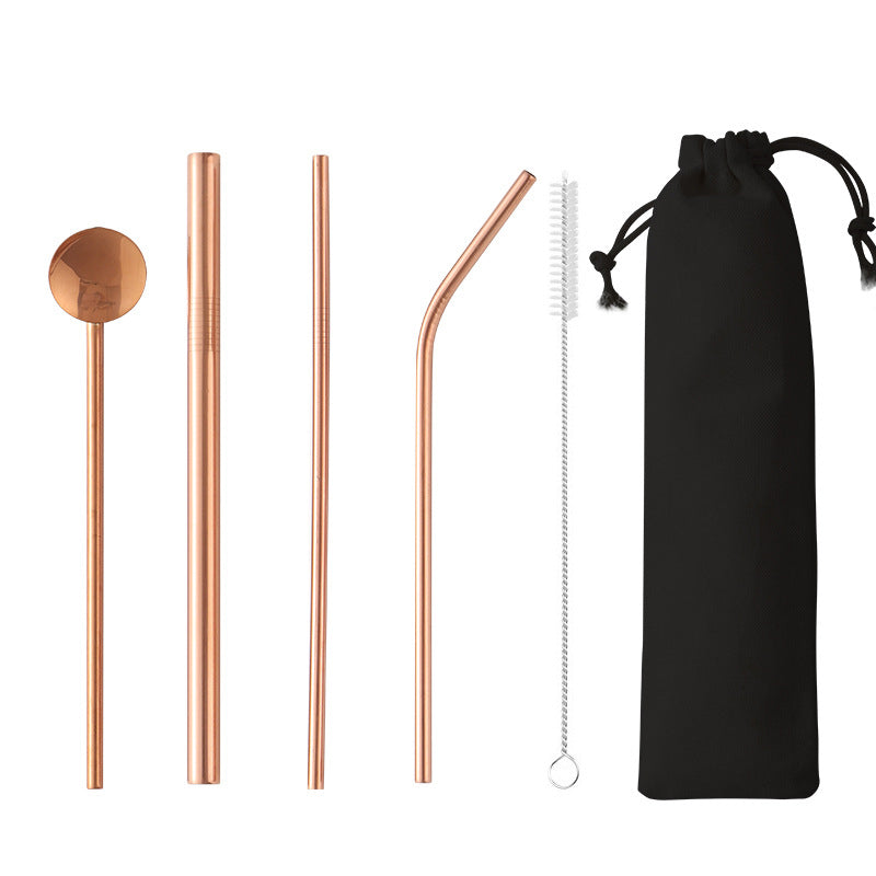 4-Piece 304 Stainless Steel Drinking Spoon Straw Set W/Drawstring Bag(Gold & Rose Gold & Rainbow)