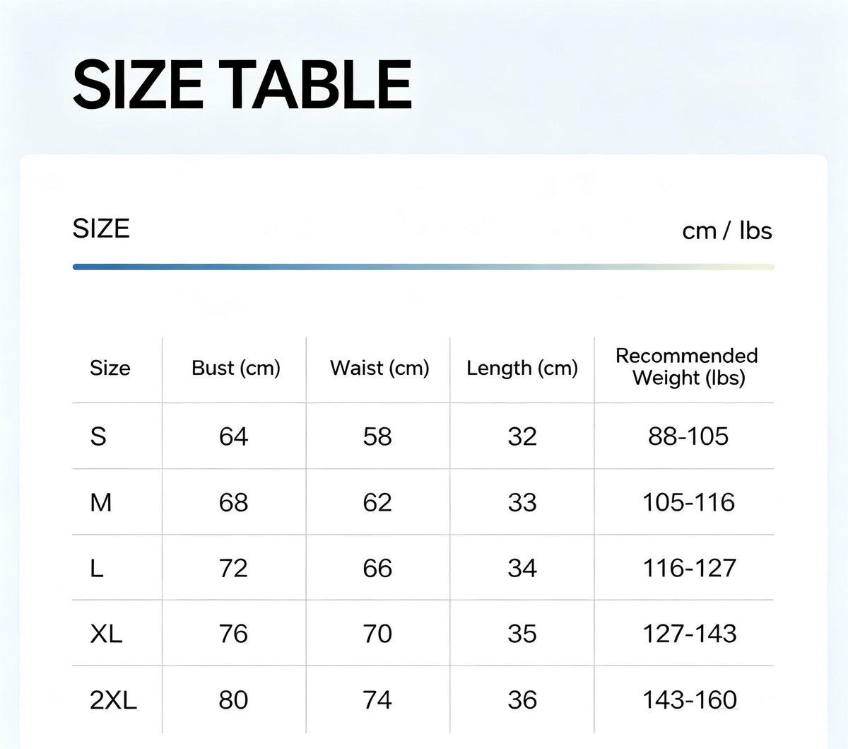 Size for Tank Top