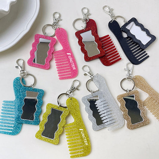 Glitter Small Mirror Comb Keychain Hair Comb Bag Charm