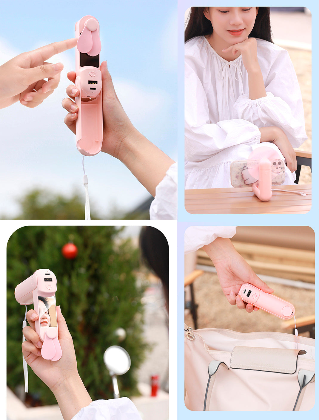 5" 1 Mini Portable USB Handheld Fan With Power Bank Feature W/ Stand Holder, Mirror, Flashlight