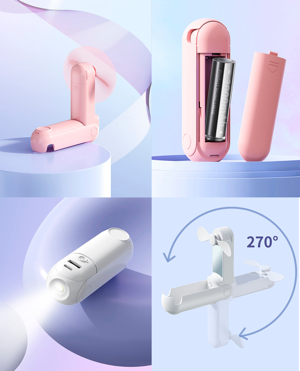 5" 1 Mini Portable USB Handheld Fan With Power Bank Feature W/ Stand Holder, Mirror, Flashlight