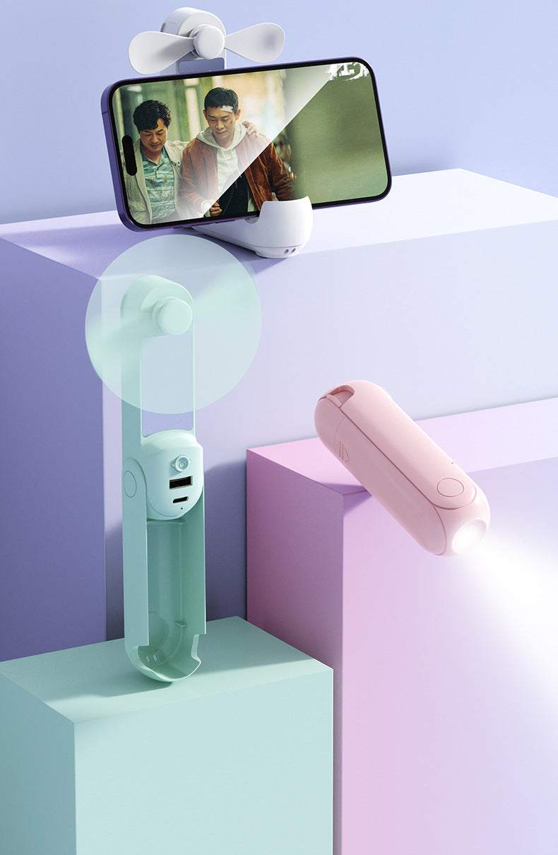 5" 1 Mini Portable USB Handheld Fan With Power Bank Feature W/ Stand Holder, Mirror, Flashlight