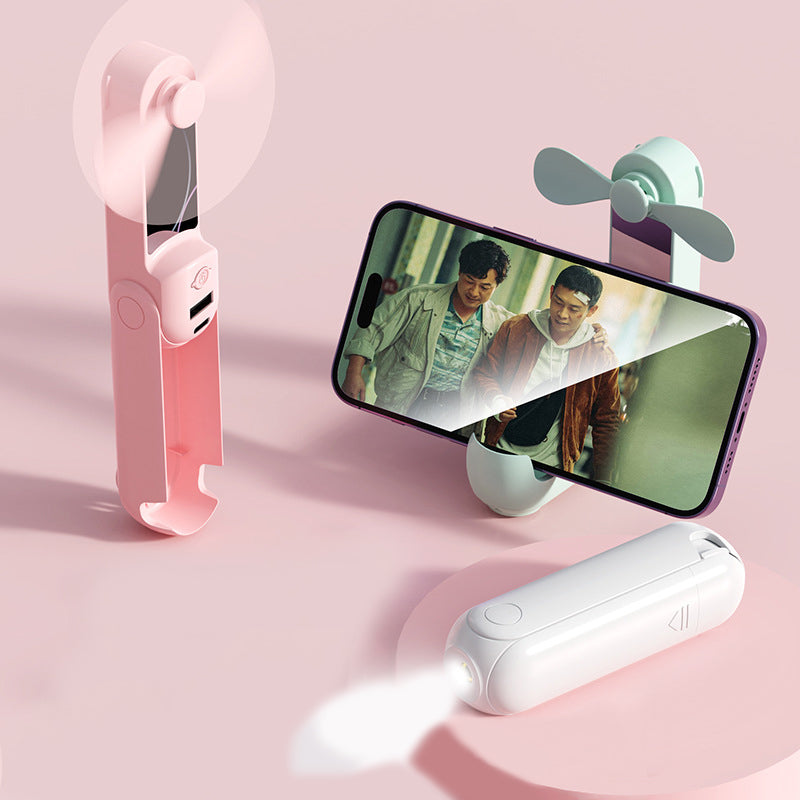5" 1 Mini Portable USB Handheld Fan With Power Bank Feature W/ Stand Holder, Mirror, Flashlight