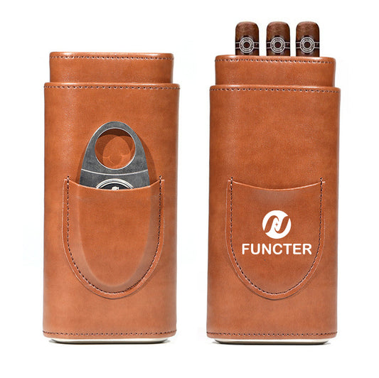 3-Cigar PU Leather Travel Case With Cigar Cutter
