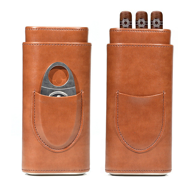 3-Cigar PU Leather Travel Case With Cigar Cutter
