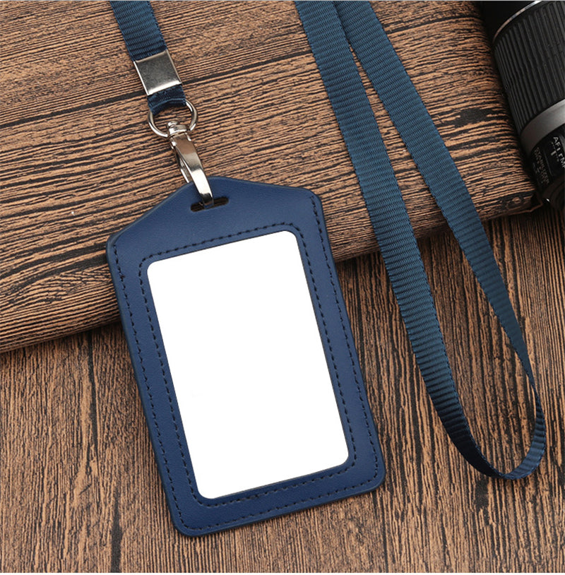 Leather Vertical ID Badge Card Holder With Lanyard