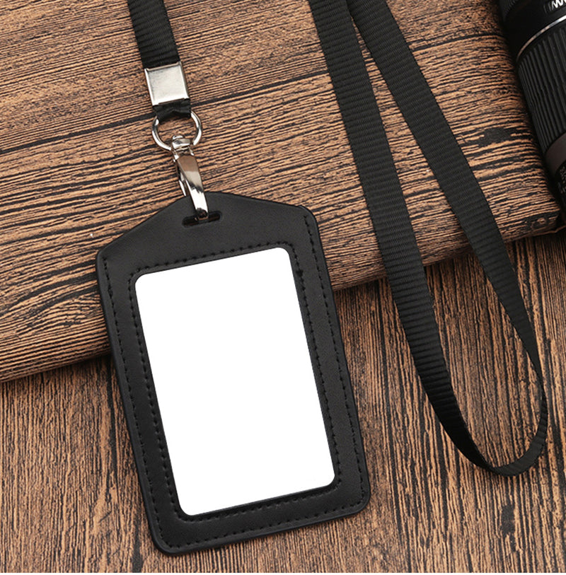 Leather Vertical ID Badge Card Holder With Lanyard