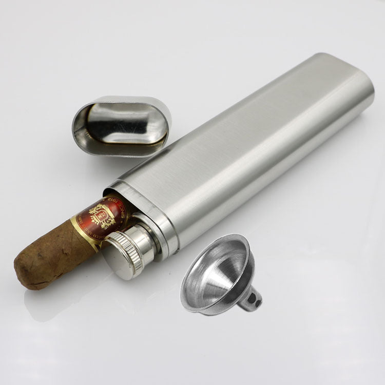1-Cigar Stainless Steel Travel Case with Built-in Flask