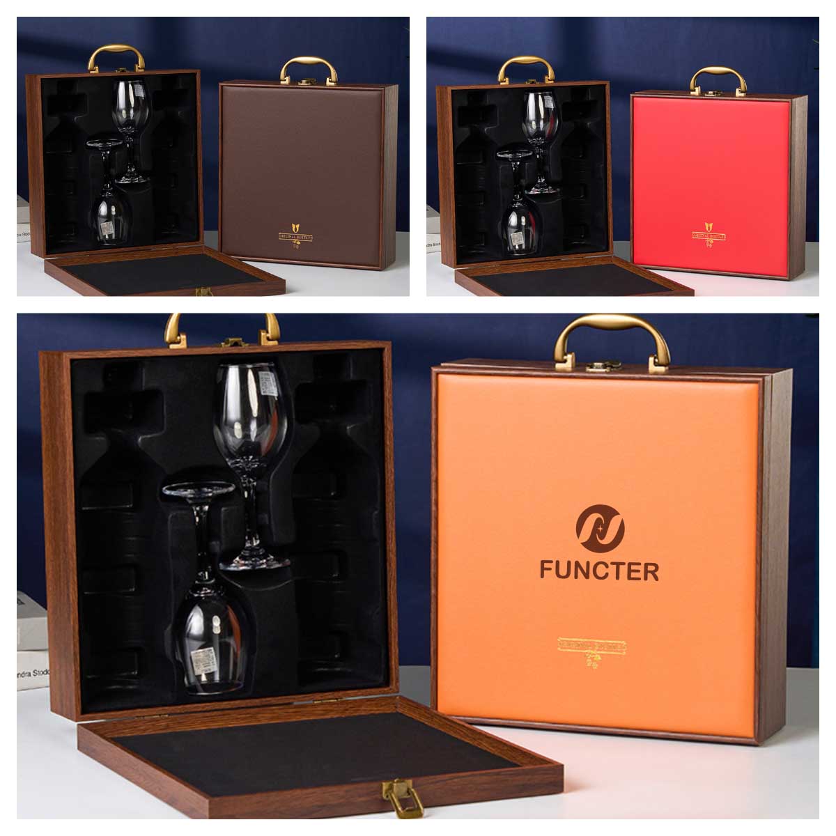 Leather Wine Gift Set Double Bottle Carrier W/ Glasses