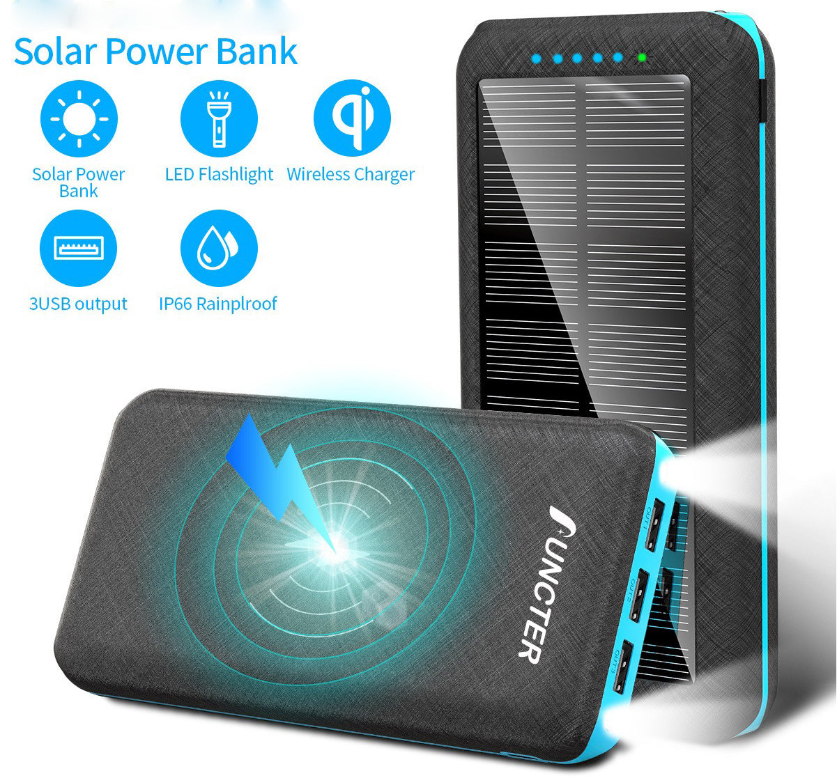 20000 mAh Solar Charger & Wireless Power Bank W/ LED Light