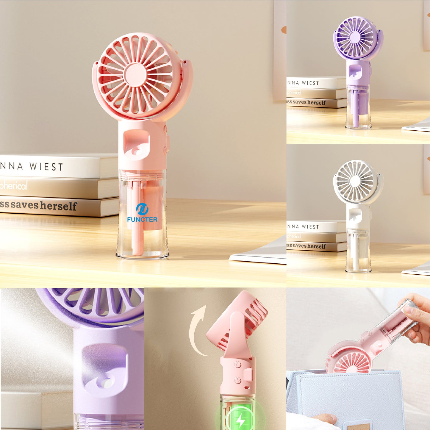 Portable Hand held Misting Fan, Small Personal USB Rechargeable Battery Spray Fan W/Water Tank