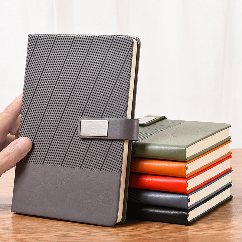 A5 Stripe Bound Cover Notebook Premium Hardcover Journal w/ Magnetic Clasp Meeting Note Pad Pen Loop