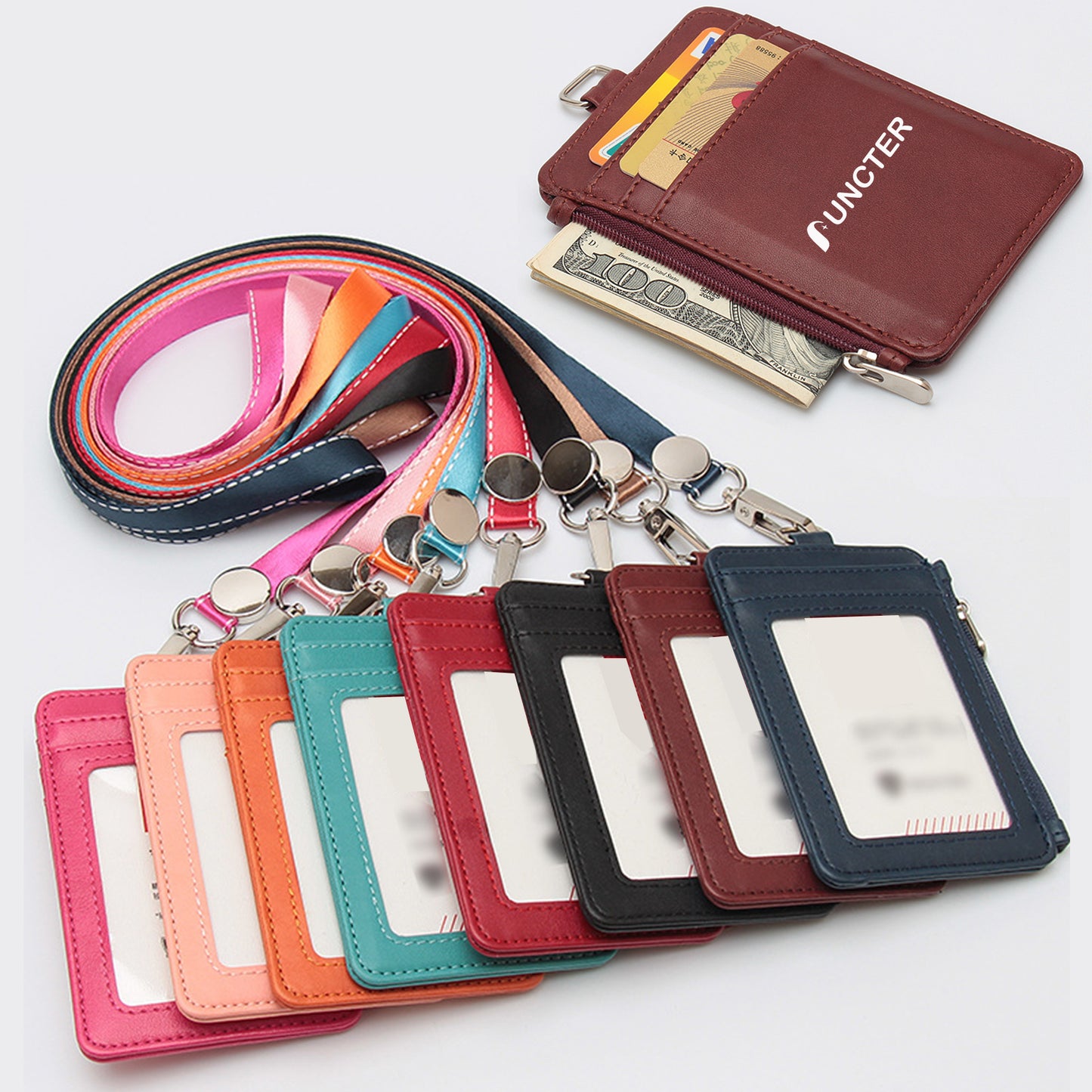 PU Leather ID Card Holder Badge Holder Zippered Wallet With Lanyard