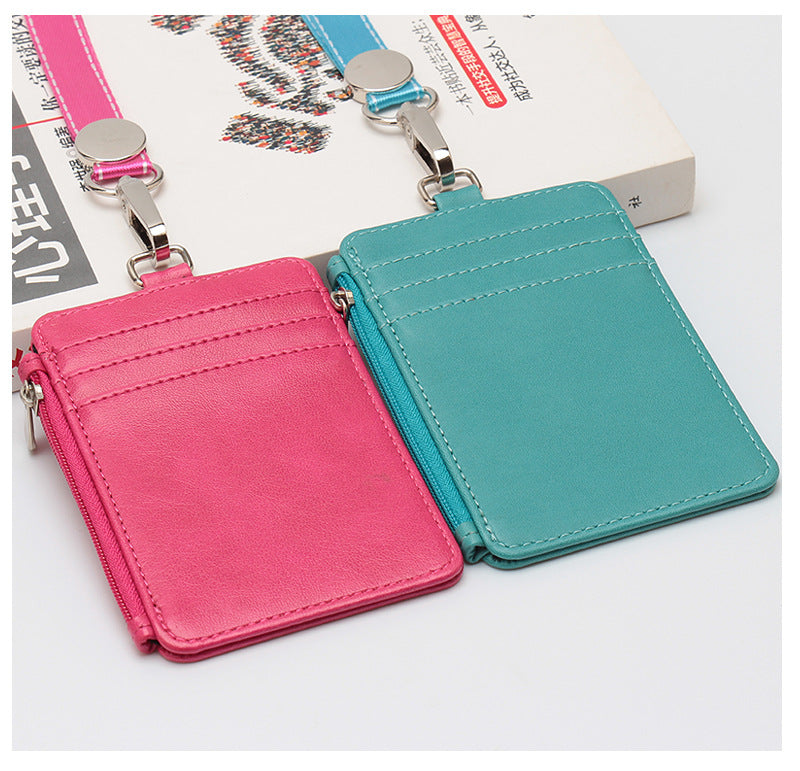 PU Leather ID Card Holder Badge Holder Zippered Wallet With Lanyard