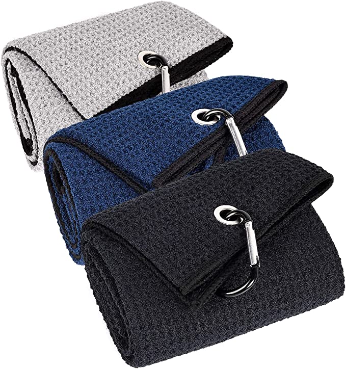 16 x 24" Microfiber Waffle Pattern Two-fold Golf Towel W/Heavy Duty Carabiners Clip