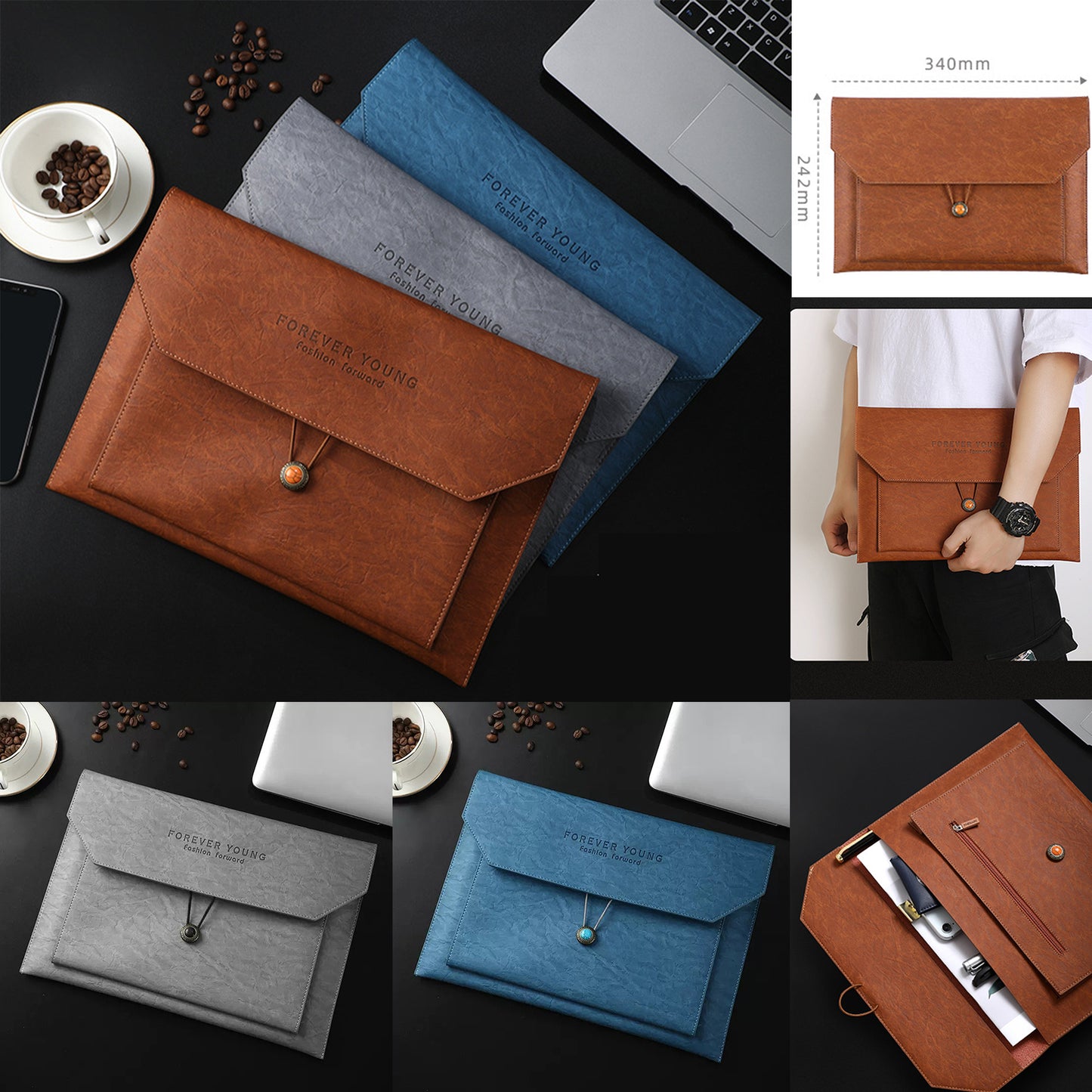 Premium Faux Leather A4 Envelope File Organiser Document Bags W/ Rope Closure