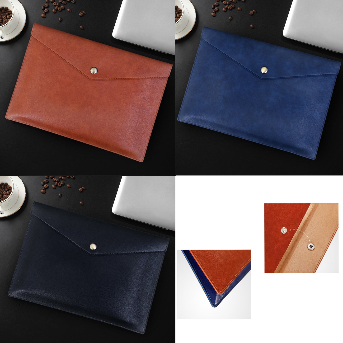 A4 PU Leather Document Organizer File Bag Sleeve Pouch With Button Closure
