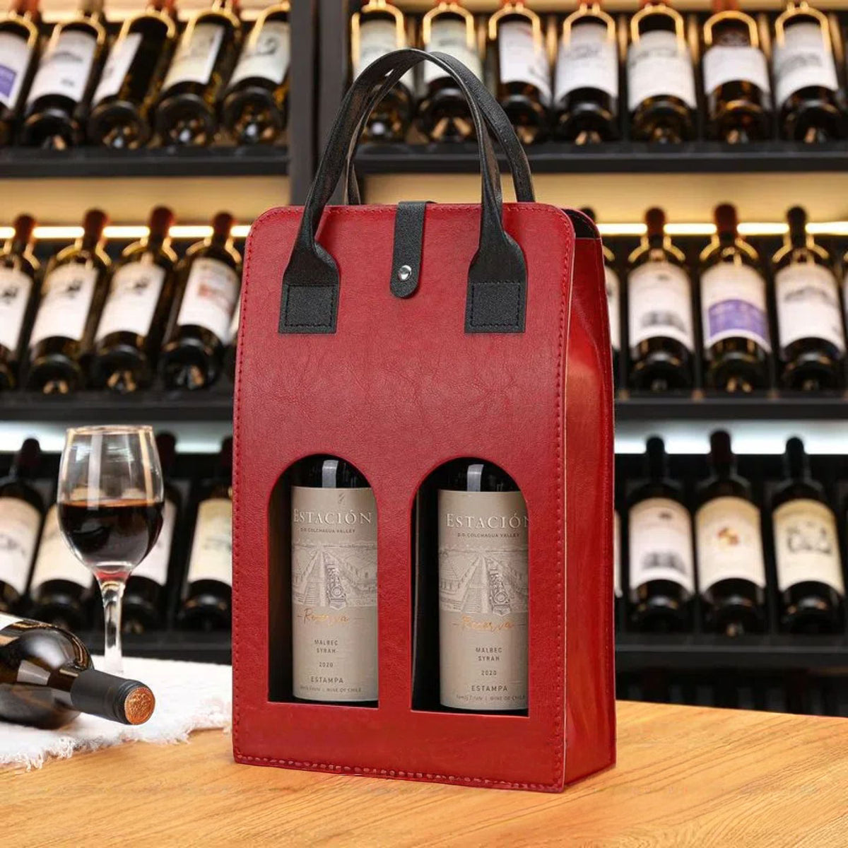 Portable Double Bottle Leather Wine Tote Bag